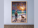 Cowboy & Dog Digital Wall Art Print – Western Sunset Seascape for Rustic Beach Decor