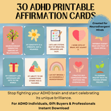 30 printable ADHD affirmation cards promoting neurodivergent strengths and celebrating unique brain abilities.