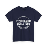 Funny navy t-shirt with 'Hyperfixation World Tour' text, a cool graphic tee for neurodivergent representation.