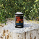 Classic Dad stubby cooler on log with empowering message, ideal for barbecues and Father's Day gifting.