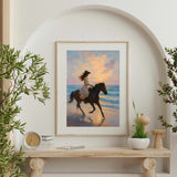 Boho Cowgirl Wall Art of a girl riding a horse by the ocean, perfect for beach house decor and rustic charm.
