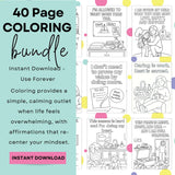 40-page parenting affirmation coloring bundle for stress relief and self-care, available as an instant download.