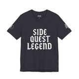 Unisex navy t-shirt featuring bold text design 'Side Quest Legend' on the front for gamers and adventurers.