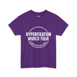 Purple funny ADHD graphic t-shirt with 'Hyperfixation World Tour' text, perfect for neurodivergent individuals.
