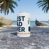 Best Dad Ever stubby cooler on a beach, perfect for Father's Day and keeping drinks icy-cold.