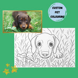Custom coloring page featuring a playful puppy photo alongside its sketched outline for coloring.