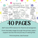 Printable parenting affirmation coloring pages for self-care, featuring 40 uplifting designs for parents and caregivers.
