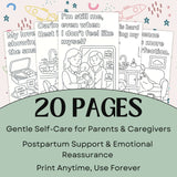 20 pages of affirmation coloring sheets for new parents, offering self-care and emotional support during parenthood.