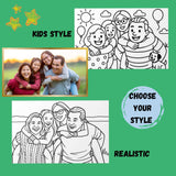 Custom coloring pages showcase kids style and realistic style from photos of happy people.