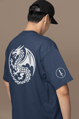 Navy unisex gamer tee showcasing a dragon graphic on the back, perfect for casual gaming events.