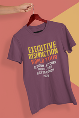 Funny unisex cotton t-shirt featuring 'Executive Dysfunction World Tour' text in vibrant colors.