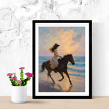 Boho Cowgirl Wall Art featuring a woman riding a horse on the beach at sunset, perfect for coastal decor.