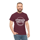 Man wearing a maroon t-shirt with 'Hyperfixation World Tour' graphic design, promoting a casual and humorous style.
