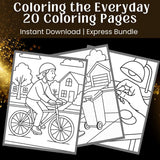 20 printable coloring pages showcasing everyday life scenes for stress relief and mindfulness. Instant download available.