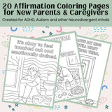 20 affirmation coloring pages for new parents and caregivers, featuring designs for neurodivergent minds.