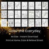20 printable everyday life coloring pages for stress relief and mindfulness, available as instant download.