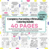Complete Parenting Affirmation Coloring Bundle with 40 printable self-care pages for parents and caregivers.