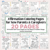 Affirmation coloring pages for new parents and caregivers, featuring 20 self-care designs for stress relief and mindfulness.