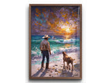 Cowboy & Dog Digital Wall Art Print – Western Sunset Seascape for Rustic Beach Decor