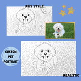 Custom coloring pages for pets displaying kids' style and realistic style portraits.