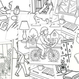 Collage of 20 relaxing everyday life coloring pages for stress relief and mindfulness with heartwarming scenes.