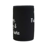 Stylish black stubby cooler with fun text design for personalized drink holding.