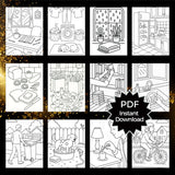 20 everyday life coloring pages featuring scenes for stress relief and mindfulness. Instant PDF download.