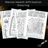 Mental health affirmation coloring pages featuring positive messages for creativity and stress relief.