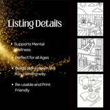 Listing details for 20 relaxing coloring pages, highlighting mental wellness, all ages, and print-friendly features.