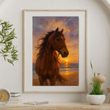 Framed artwork of a horse on a beach at sunset, displayed on a wall with decorative items.