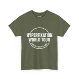 Funny Hyperfixation World Tour graphic t-shirt in olive green, perfect for neurodivergent fashion.