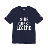 Navy unisex t-shirt featuring bold text 'SIDE QUEST LEGEND', perfect for gamers and casual wear.