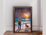 Cowboy & Dog Digital Wall Art Print – Western Sunset Seascape for Rustic Beach Decor