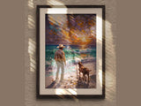 Cowboy & Dog Digital Wall Art Print – Western Sunset Seascape for Rustic Beach Decor