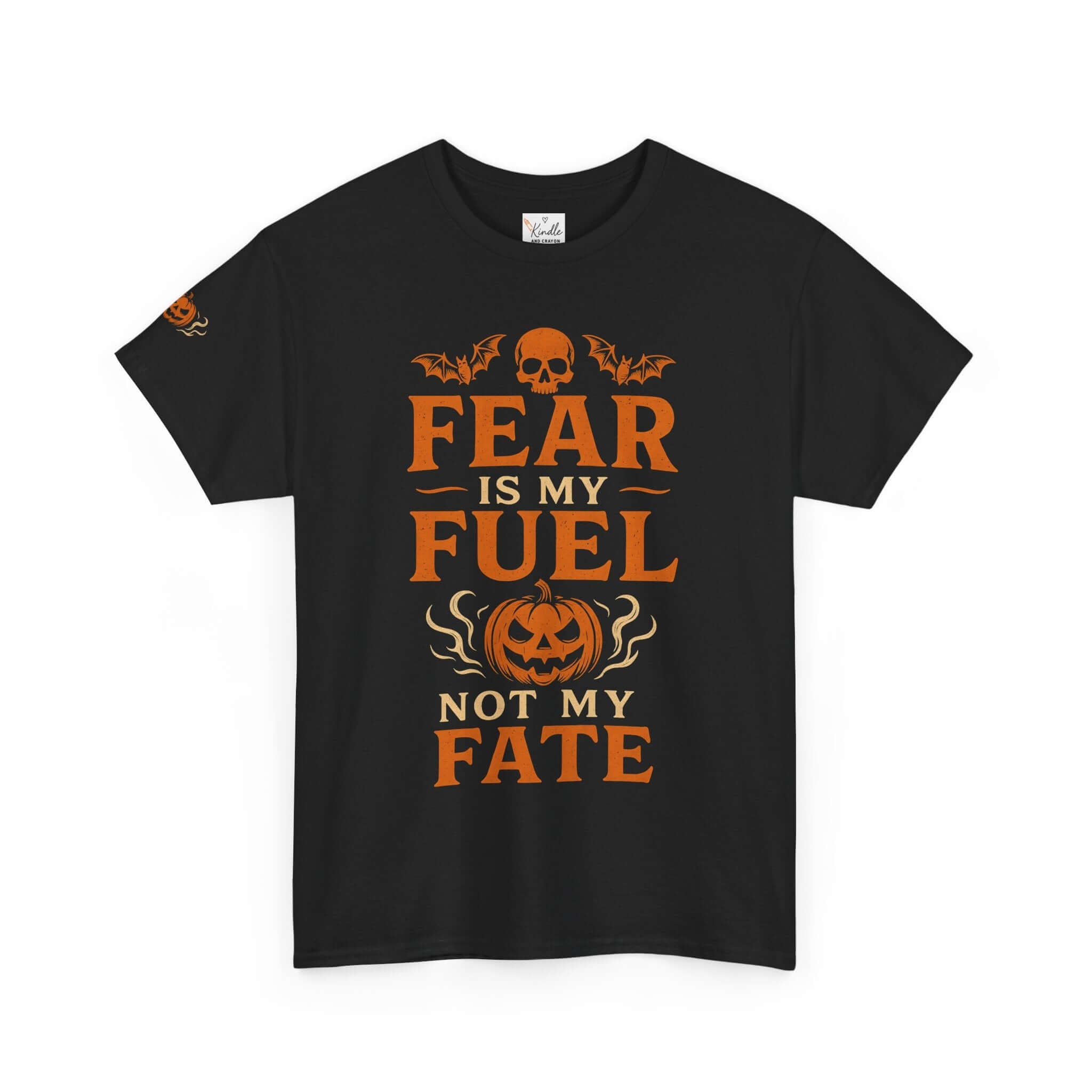 Black t-shirt with Halloween-themed text and graphics on a white background