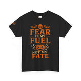 Black t-shirt with Halloween-themed text and graphics on a white background
