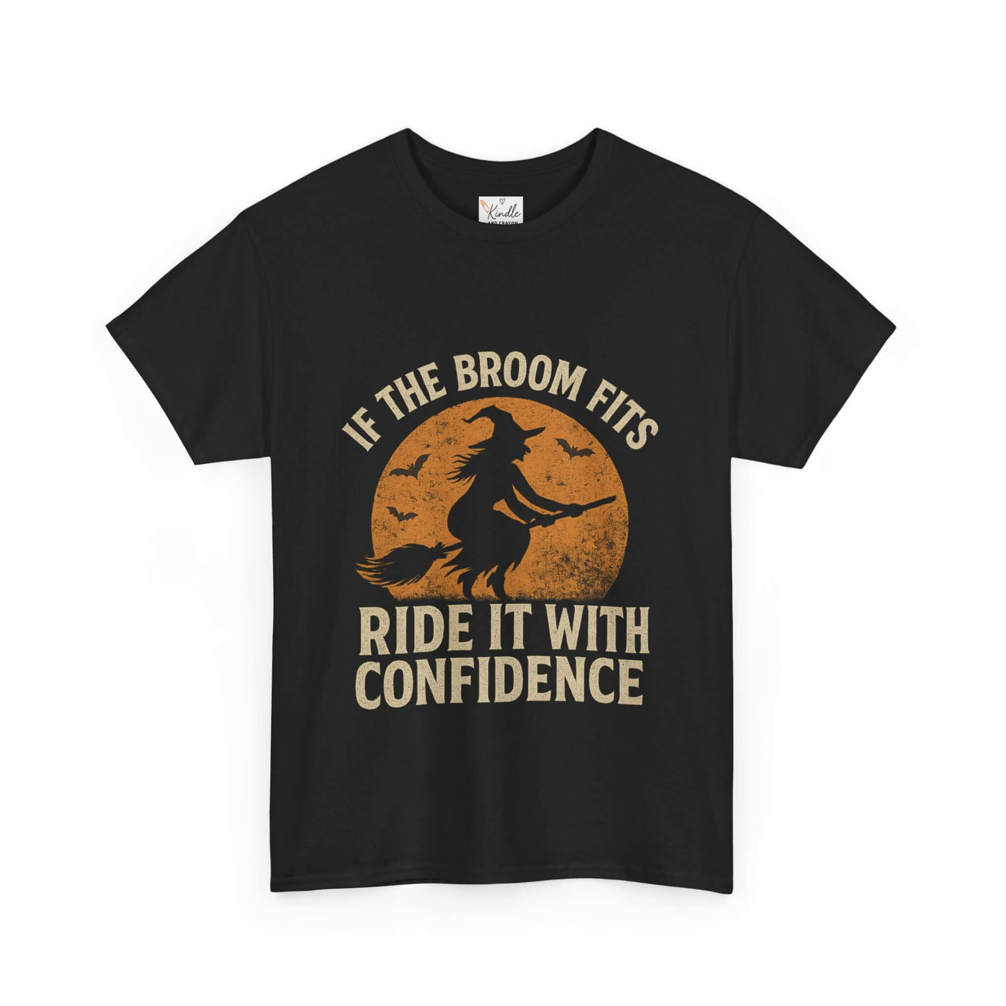 Black t-shirt with Halloween-themed design featuring a witch on a broom and text 'If the broom fits, ride it with confidence' on a white background.