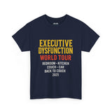 Navy unisex t-shirt with "Executive Dysfunction World Tour" graphic and playful location names.