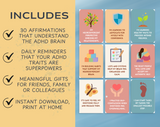 ADHD affirmation cards showcasing 30 unique affirmations for neurodivergent minds, promoting self-acceptance and personal growth.