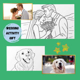 Custom coloring pages featuring a couple in a wedding scene and a playful dog, ideal for wedding activity gifts.