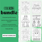 Mental health coloring sheets with positive affirmations for stress relief and self-care support, featuring uplifting designs.