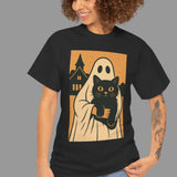 Person wearing a black t-shirt with a ghost holding a black cat graphic on a white background