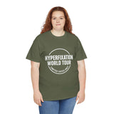 Funny Hyperfixation World Tour graphic t-shirt worn by a model in olive green.