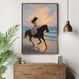 Boho Cowgirl Wall Art featuring a woman on horseback at the beach, perfect for coastal decor.