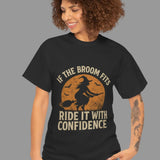 Woman wearing a black t-shirt with a graphic and text on a white background