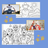 Custom coloring pages featuring children in superhero costumes and fun family moments.