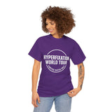 Purple unisex t-shirt featuring 'Hyperfixation World Tour' graphic, perfect for casual fashion and humor.