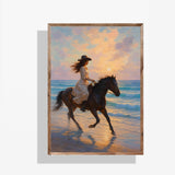 Boho cowgirl riding a horse on the beach at sunset, coastal wall art perfect for home decor.