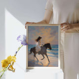 Boho cowgirl wall art print of a woman riding a horse by the ocean, perfect for beach house decor.