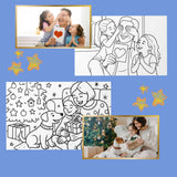 Custom coloring pages featuring joyful family moments with pets, children, and festive illustrations.